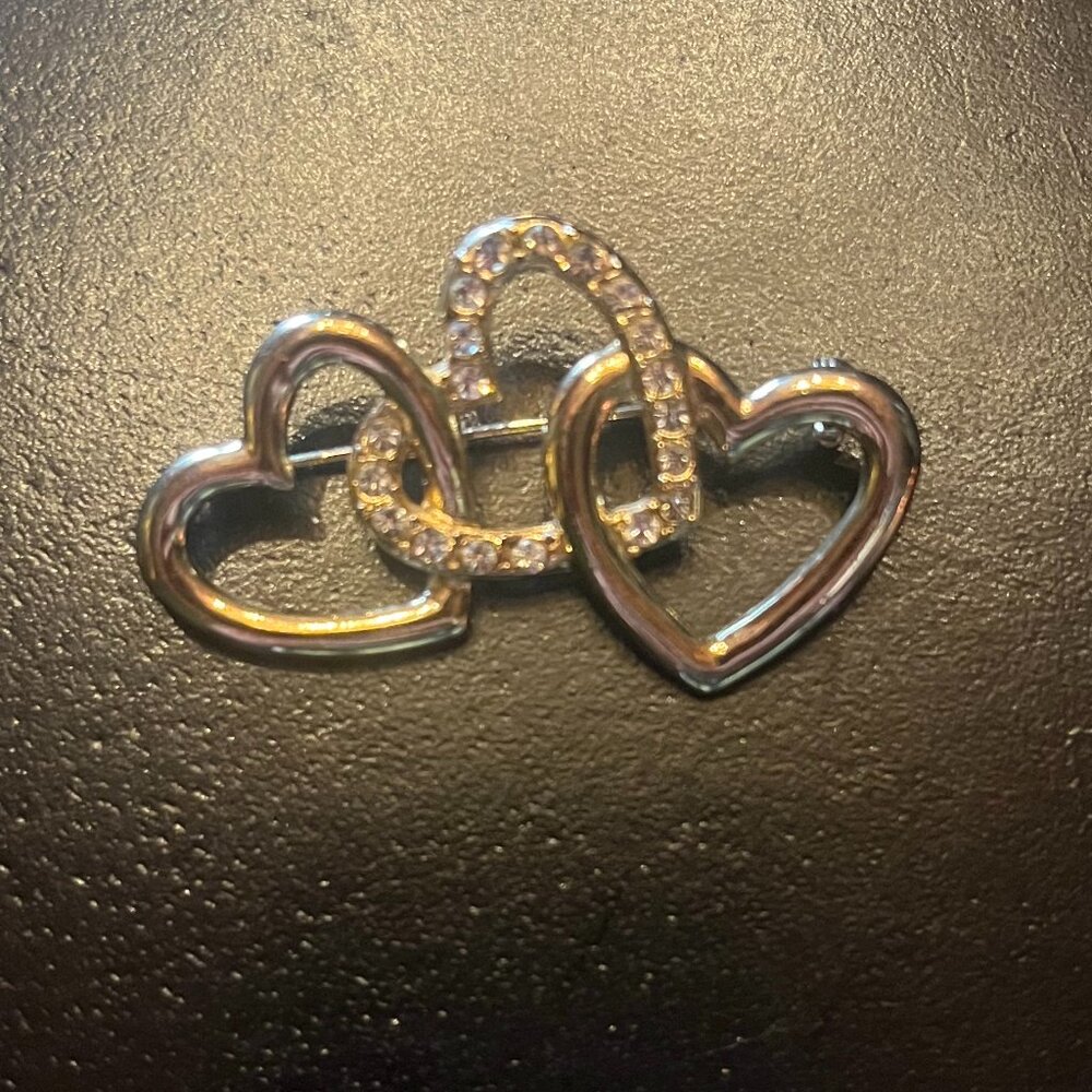Triple Heart Gold Tone Brooch with Rhinestones